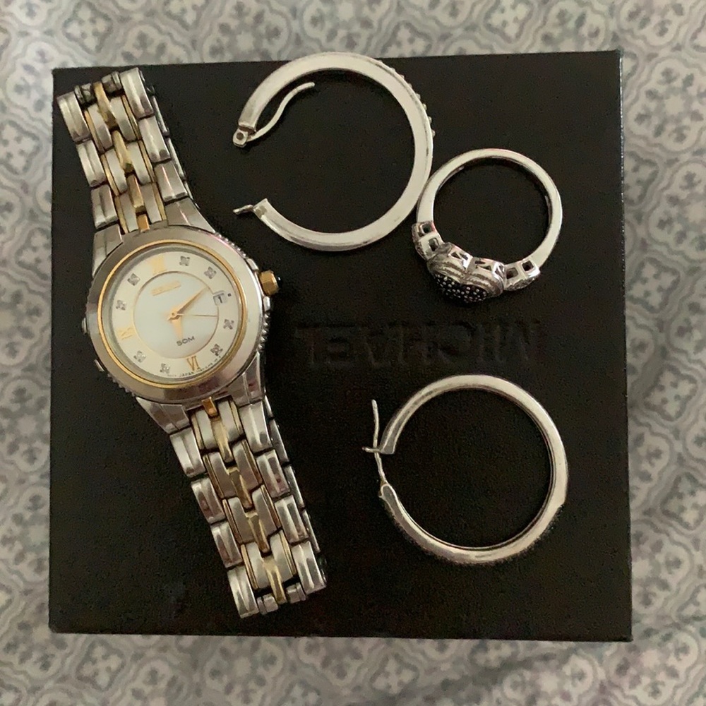 Seiko watch with sterling silver ring and ring